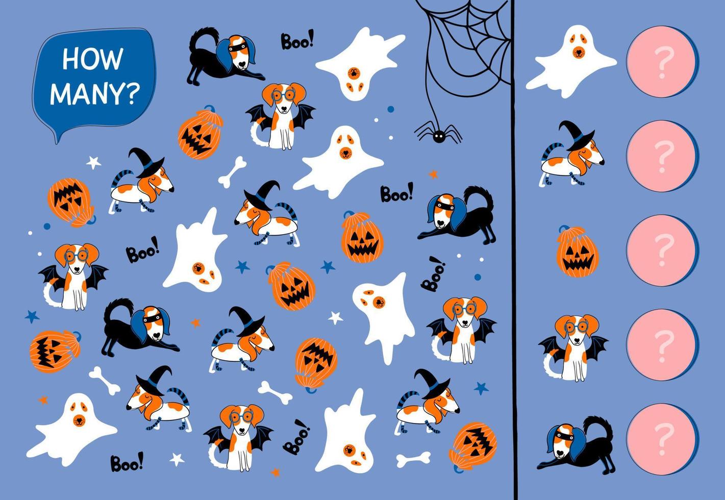 Educational game for toddlers. I spy game. Find and count dogs, pumpkins and ghosts. Halloween theme. Counting activity for kids. vector