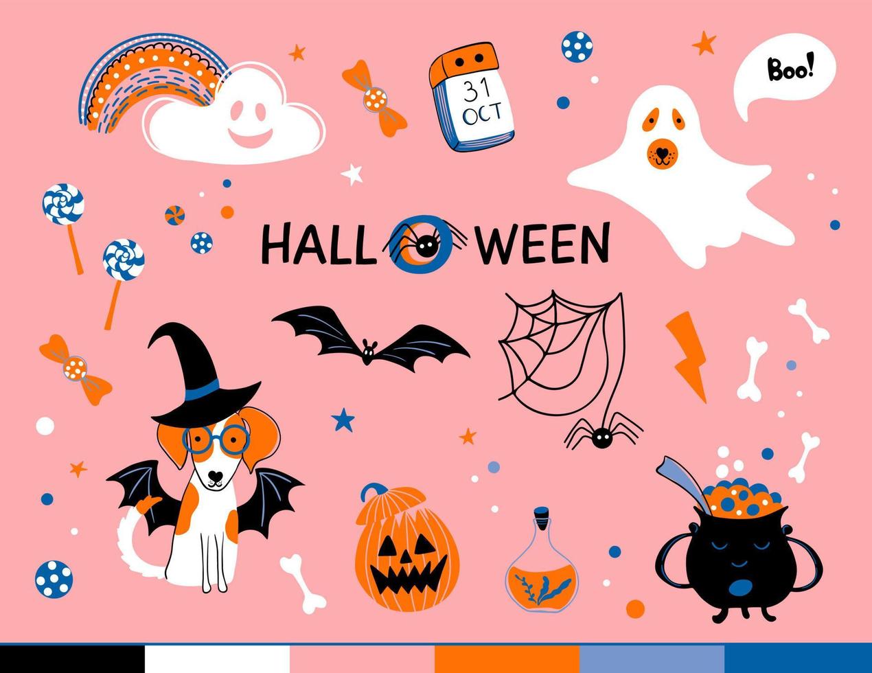 Set of characters and icons for Halloween in cartoon style for stickers, wallpaper, textiles. Vector illustrations with pumpkin, ghost, candy, and other elements. Dog in costume for Halloween party.