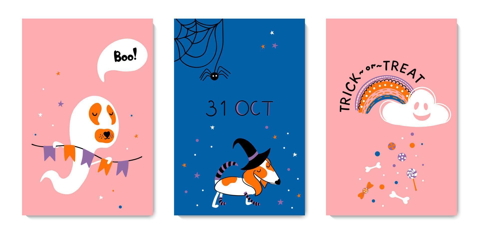 feliz halloween establece estampados con lindos personajes como perro, fantasma, arcoiris. coloridas ilustraciones vectoriales para carteles, invitaciones, tarjetas de felicitación. lindo perro disfrazado de mascota de halloween. vector
