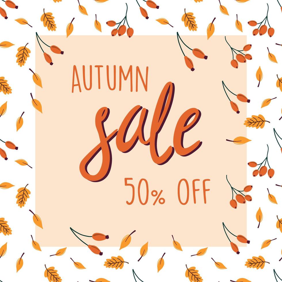 Autumn sale banner. Vector illustration with falling leaves and berries. Flat style illustration for marketing and advertisement.