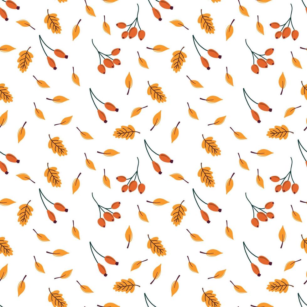 patrón transparente de vector con elementos de otoño. hojas y bayas que caen. vibraciones de otoño. ilustración plana dibujada a mano. lindo y acogedor fondo de otoño.