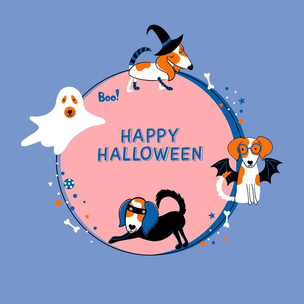 Happy Halloween. Cute print with dogs, great design for Halloween party. Cartoon illustration with funny hand drawn characters. Vector illustration design for posters, textiles, invitation cards.