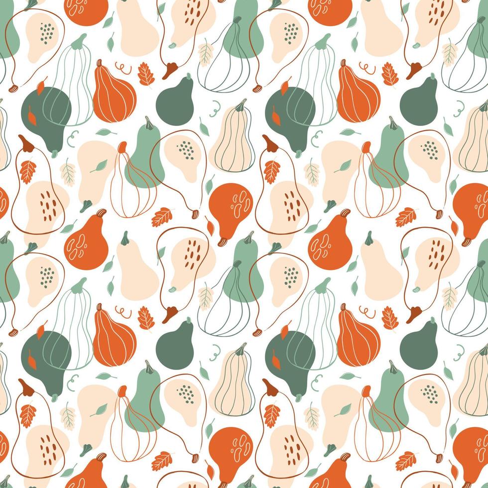 Vector seamless pattern with stylish pumpkins on white background. Happy Thanksgiving Day backdrop or Harvest Time in Scandinavian style. Abstract Autumn illustration.