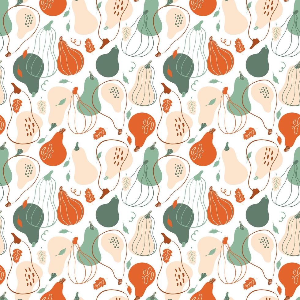 Vector seamless pattern with stylish pumpkins on white background. Happy Thanksgiving Day backdrop or Harvest Time in Scandinavian style. Abstract Autumn illustration.