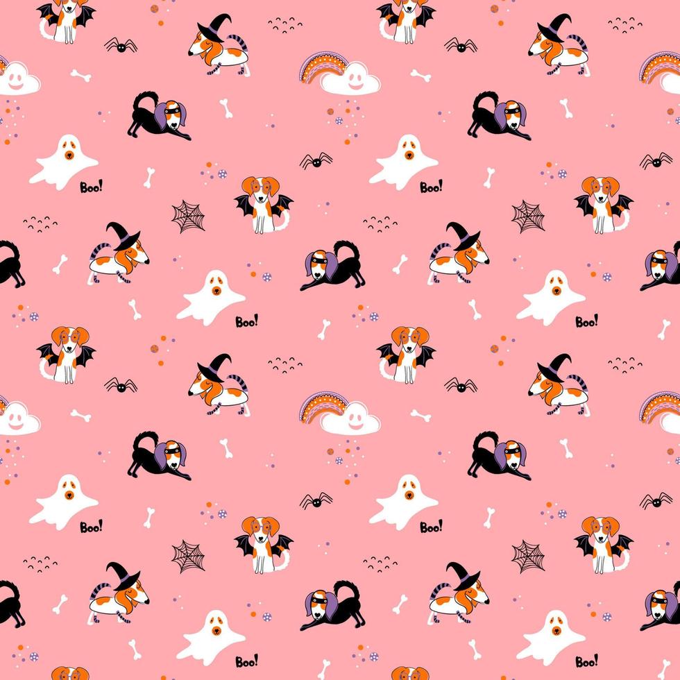 Halloween theme seamless pattern with cute pets. Childish hand drawn background with dogs in carnival costumes. Cute holiday repeated texture. Vector print for clothing, wrapping paper, cards.