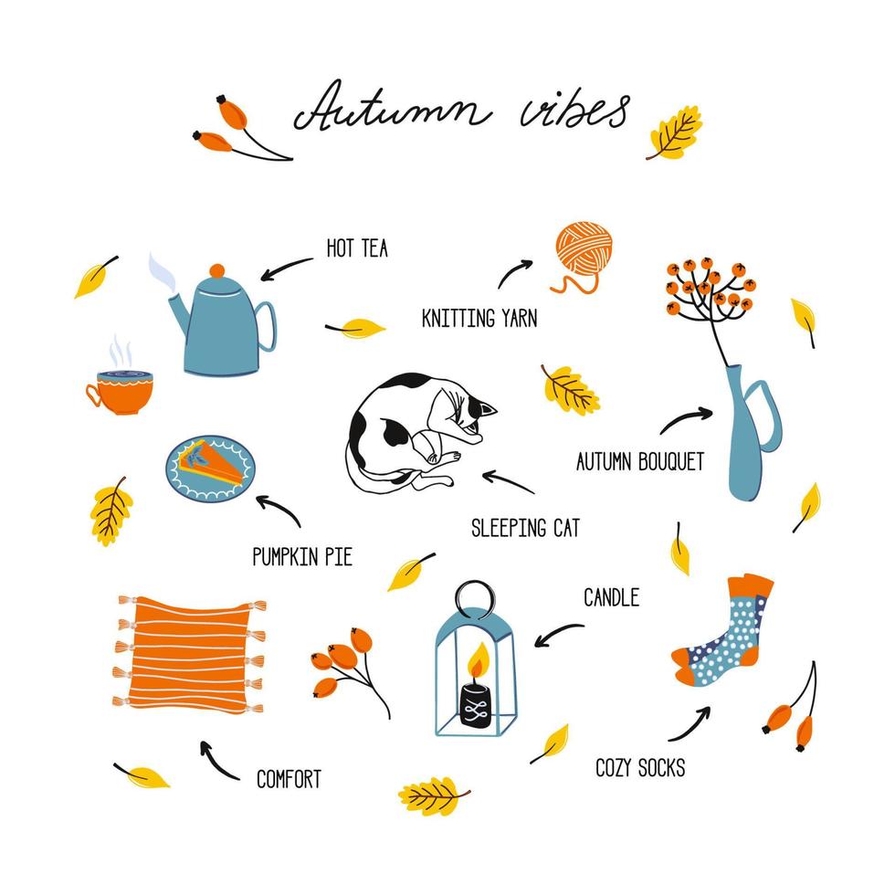 Vector collection of cozy elements. Falling leaves, cat, candle, socks, tea, pumpkin pie and other. Autumn vibes lettering. Cute colorful illustrations isolated on white background.