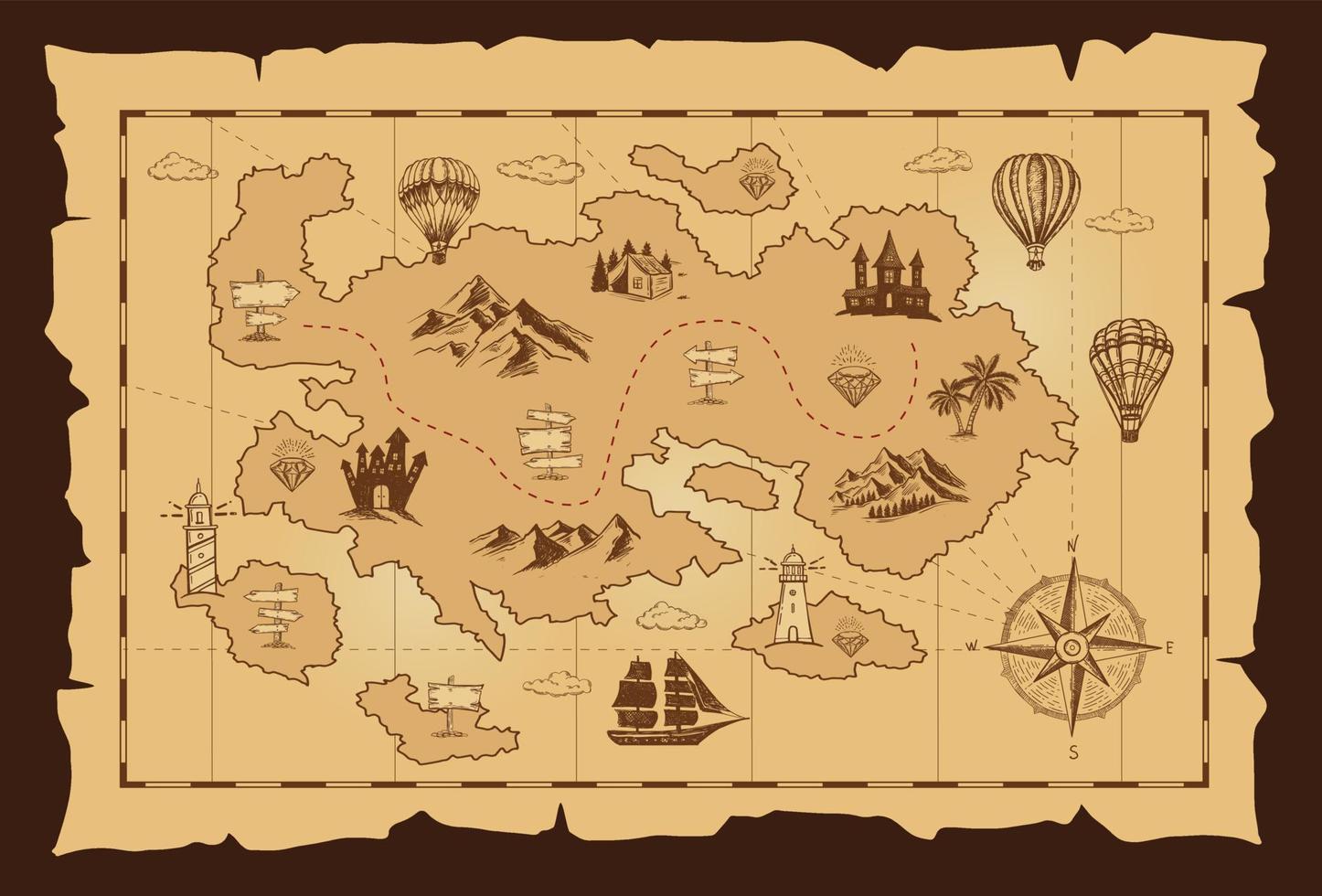 Old treasure map vector sketch. Hand drawn illustrations, vector.