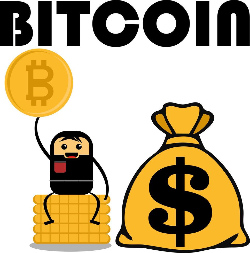 Vector illustration of cute businessman cartoon character getting bitcoins. Suitable for cryptocurrency content.