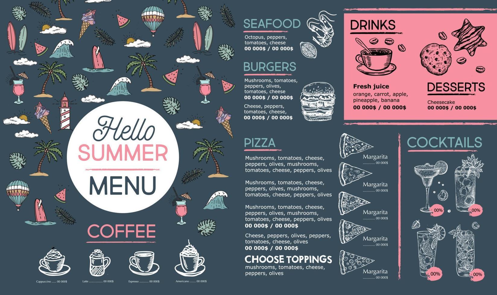 Summer menu, template design. Food flyer. Hand-drawn style. Vector illustration.