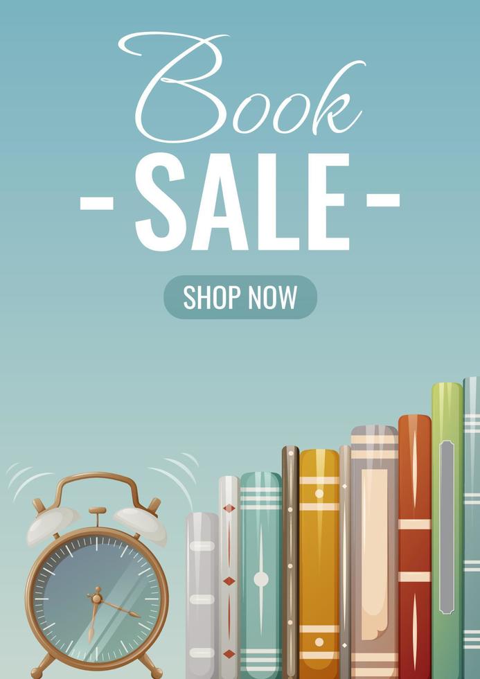Book sale poster, alarm clock and text. Vector illustration. Education, business concept. For banner, flyer, store