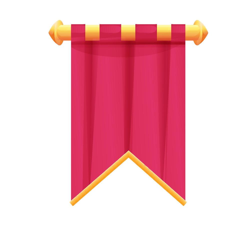 Bandera de bandera medieval colgante roja con textura de tela y decoración dorada en estilo de dibujos animados aislado sobre fondo blanco. activo del juego ui, elemento de diseño heráldico,. ilustración vectorial vector
