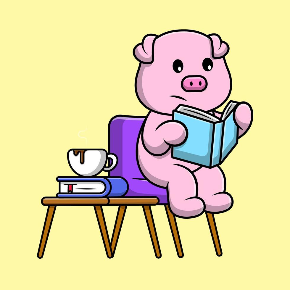 Cute Pig Reading Book On Chair Cartoon Vector Icon Illustration. Flat Cartoon Concept