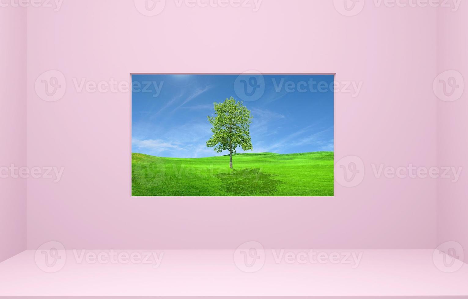 Pink room with window with beautiful view. Abstract concept, imagination, tourism. photo