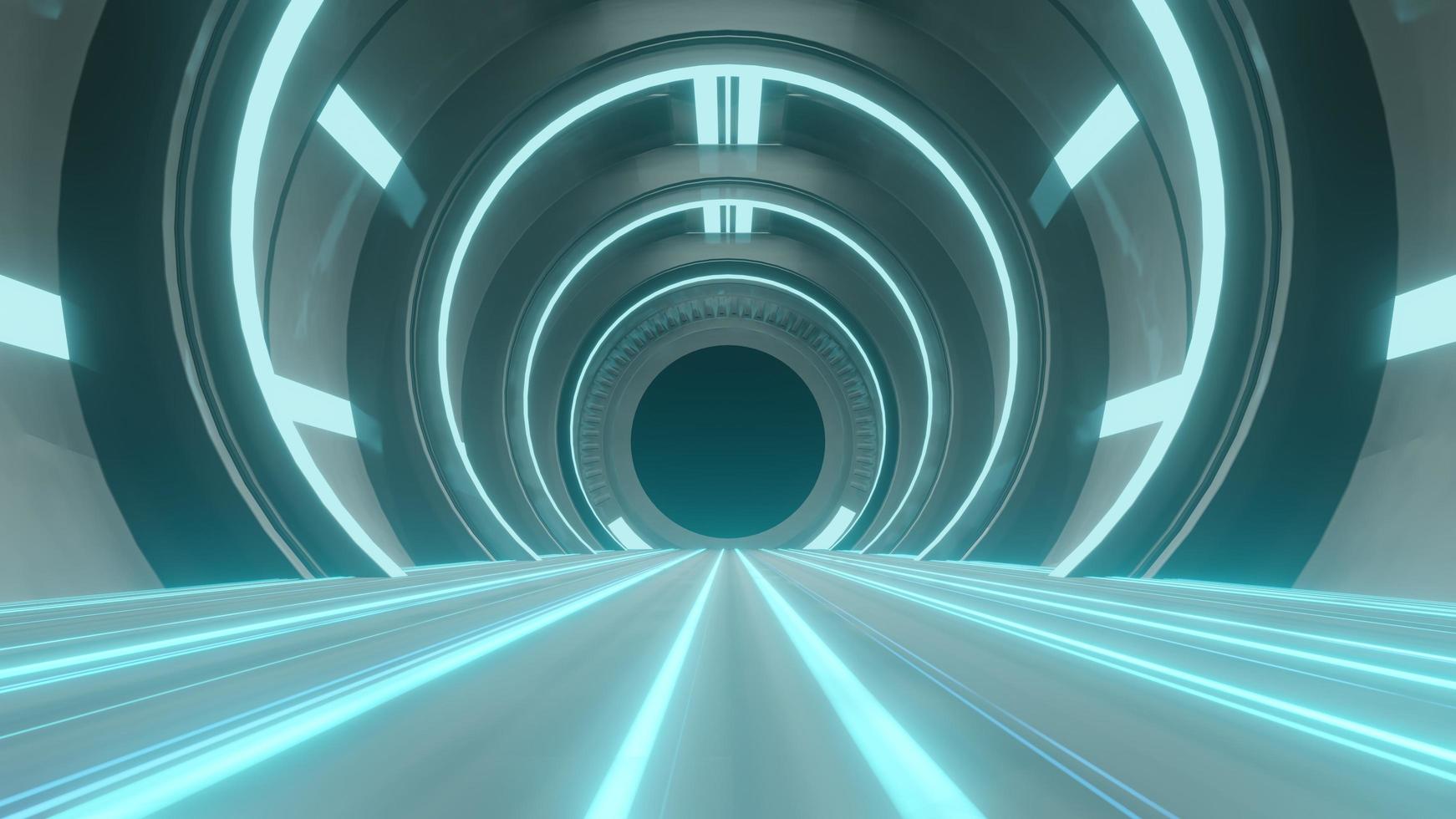 Spaceship Science ficiton Room Tunnel. Abstract colorful neon glowing light background. Speed light illuminated. Florescent on the dark scene. Curvy moving line shape. 3D render. photo