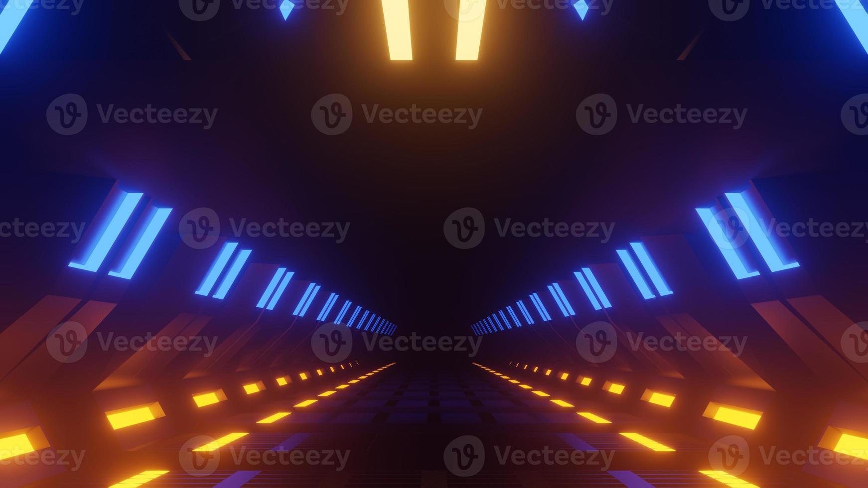 Spaceship Science ficiton Room Tunnel. Abstract colorful neon glowing light background. Speed light illuminated. Florescent on the dark scene. Curvy moving line shape. 3D render. photo