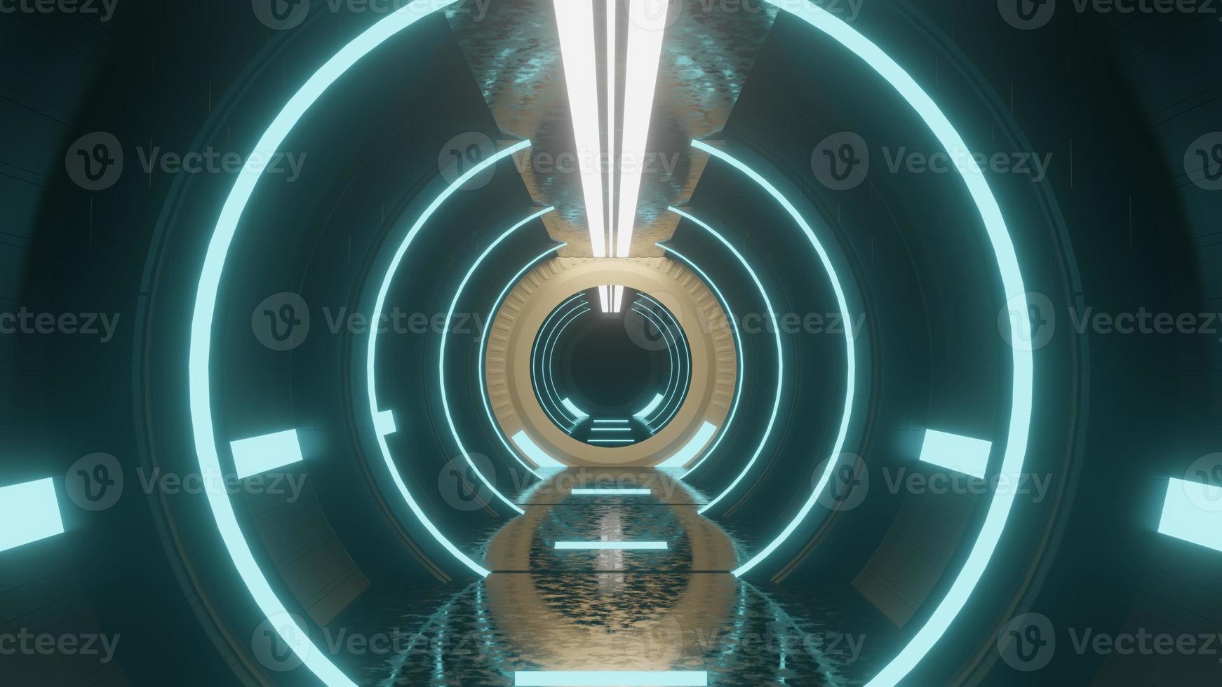 Spaceship Science ficiton Room Tunnel. Abstract colorful neon glowing light background. Speed light illuminated. Florescent on the dark scene. Curvy moving line shape. 3D render. photo