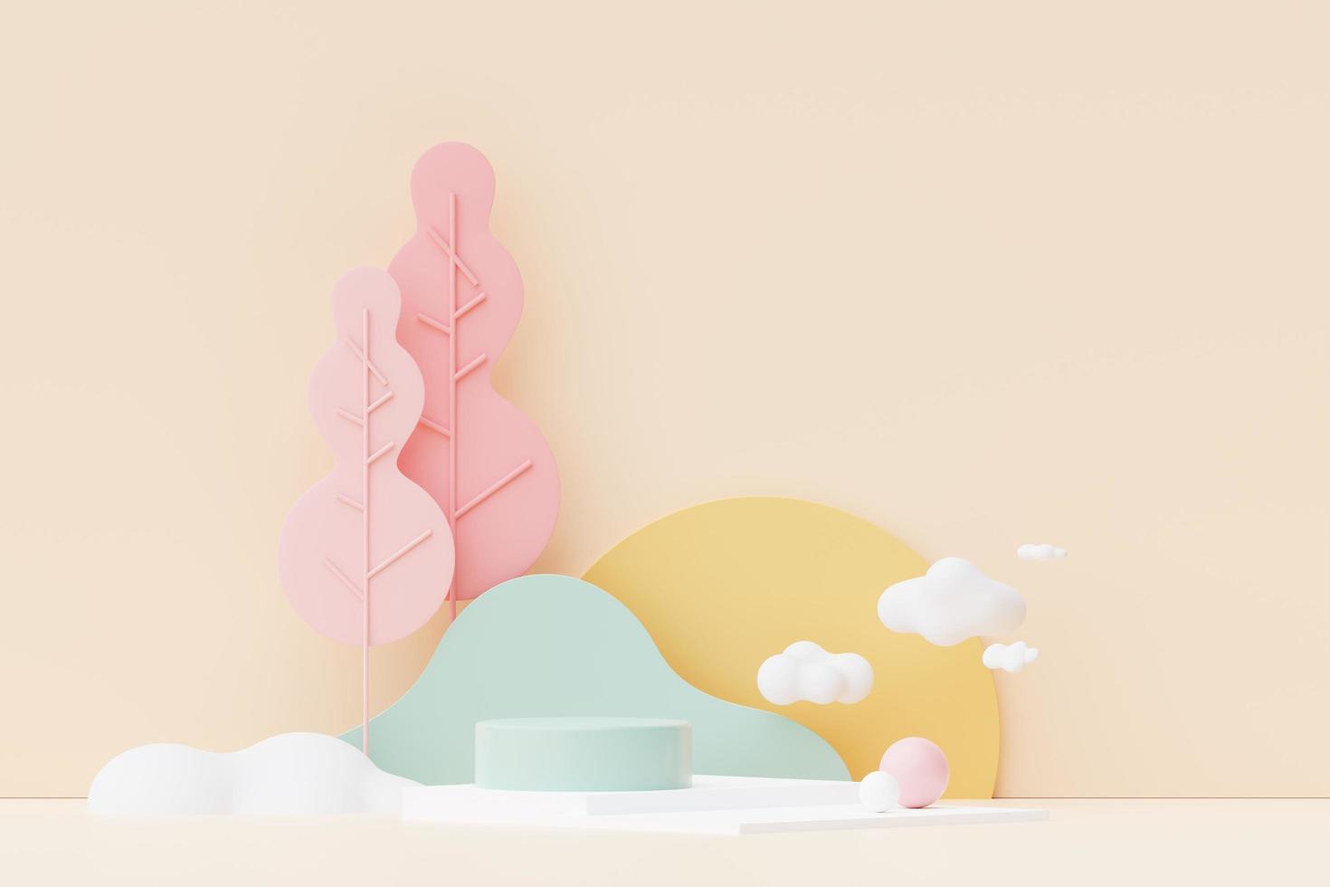 Abstract Pastel of nature, flowers leaves and tree plants with Podium stand platform. Cute Cartoon natural landscape background. Scene of spring colorful plants with minimal design. 3D Render. photo