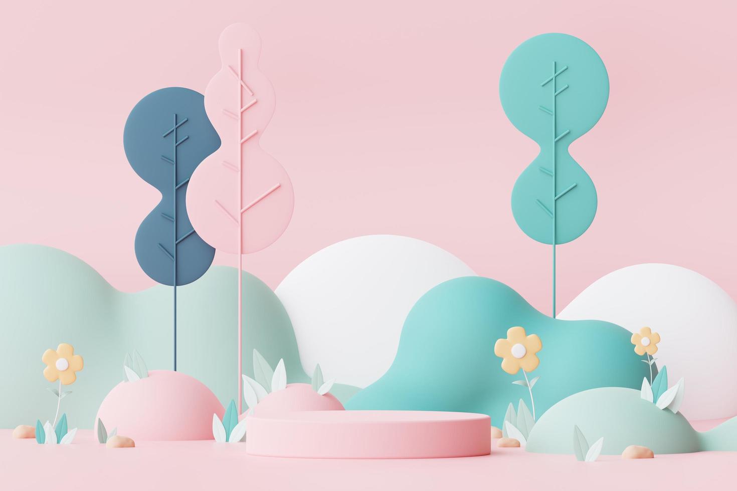 Abstract Pastel of nature, flowers leaves and tree plants with Podium stand platform. Cute Cartoon natural landscape background. Scene of spring colorful plants with minimal design. 3D Render. photo