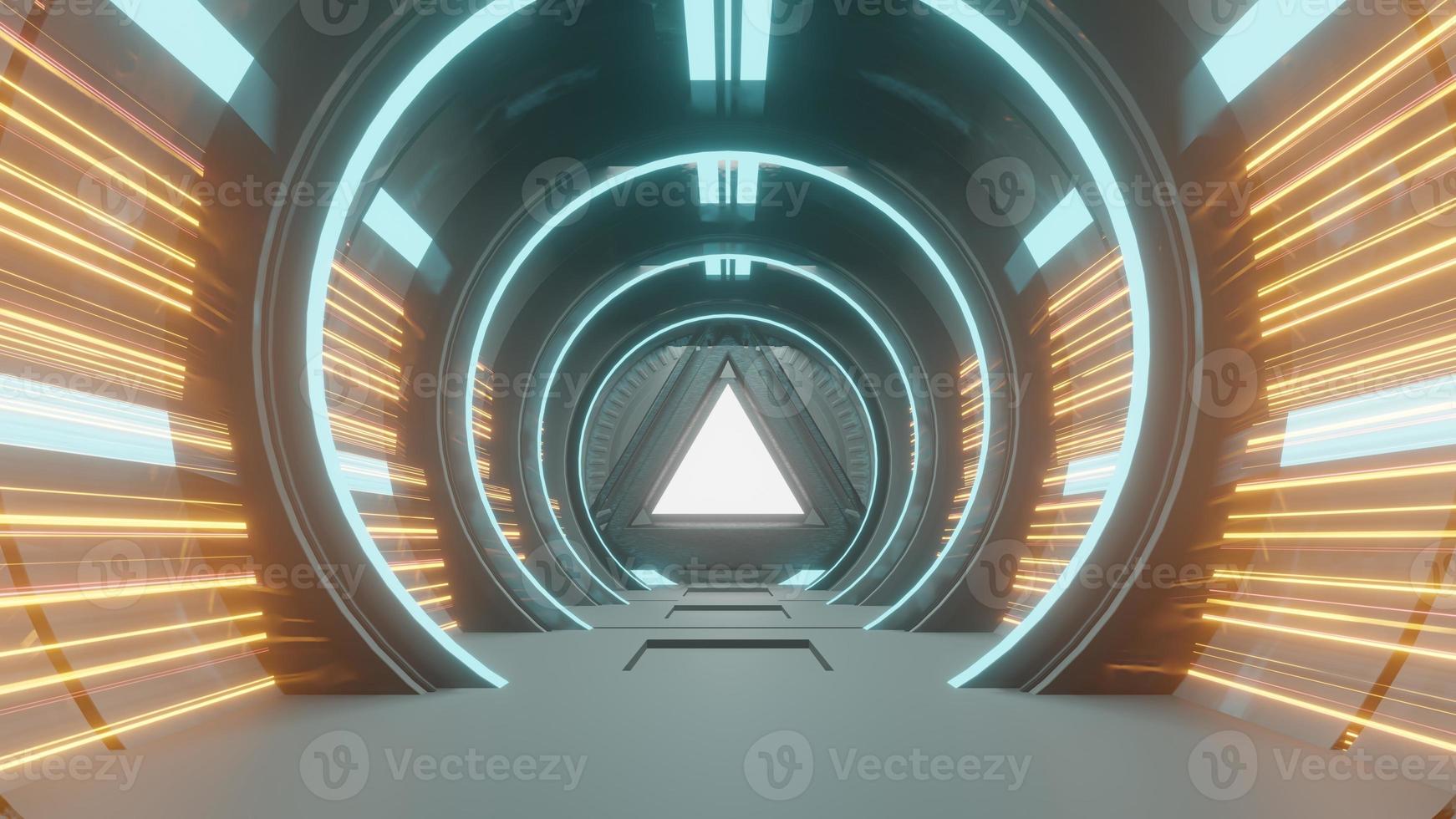 Spaceship Science ficiton Room Tunnel. Abstract colorful neon glowing light background. Speed light illuminated. Florescent on the dark scene. Curvy moving line shape. 3D render. photo