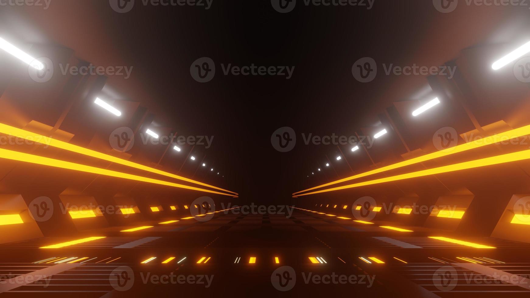 Spaceship Science ficiton Room Tunnel. Abstract colorful neon glowing light background. Speed light illuminated. Florescent on the dark scene. Curvy moving line shape. 3D render. photo