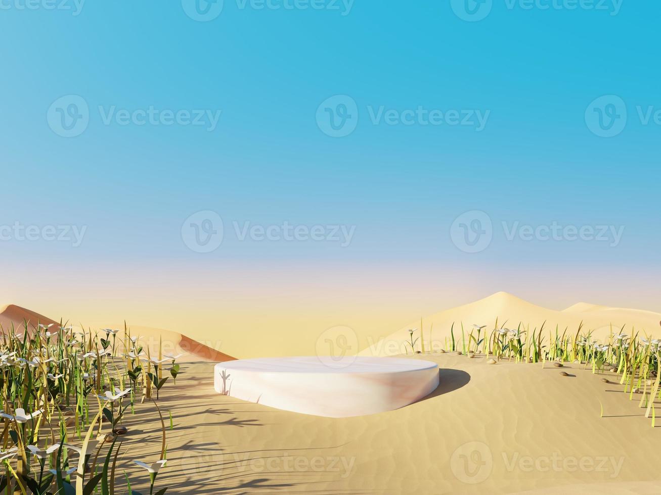Abstract Pastel of nature, flowers leaves and tree plants with Podium stand platform. Surreal Desert natural landscape background. Scene of Desert with  oasis land with minimal design. 3D Render. photo