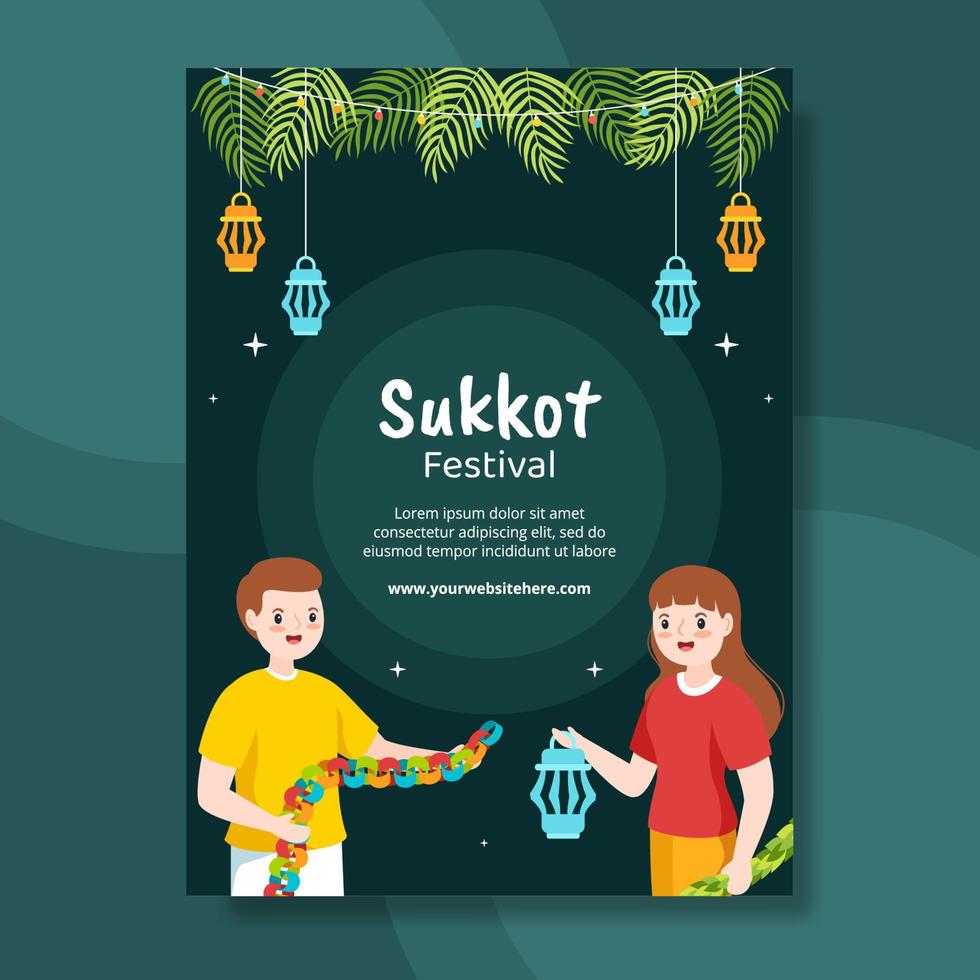 Jewish Holiday Sukkot Poster Template Hand Drawn Cartoon Flat Illustration vector