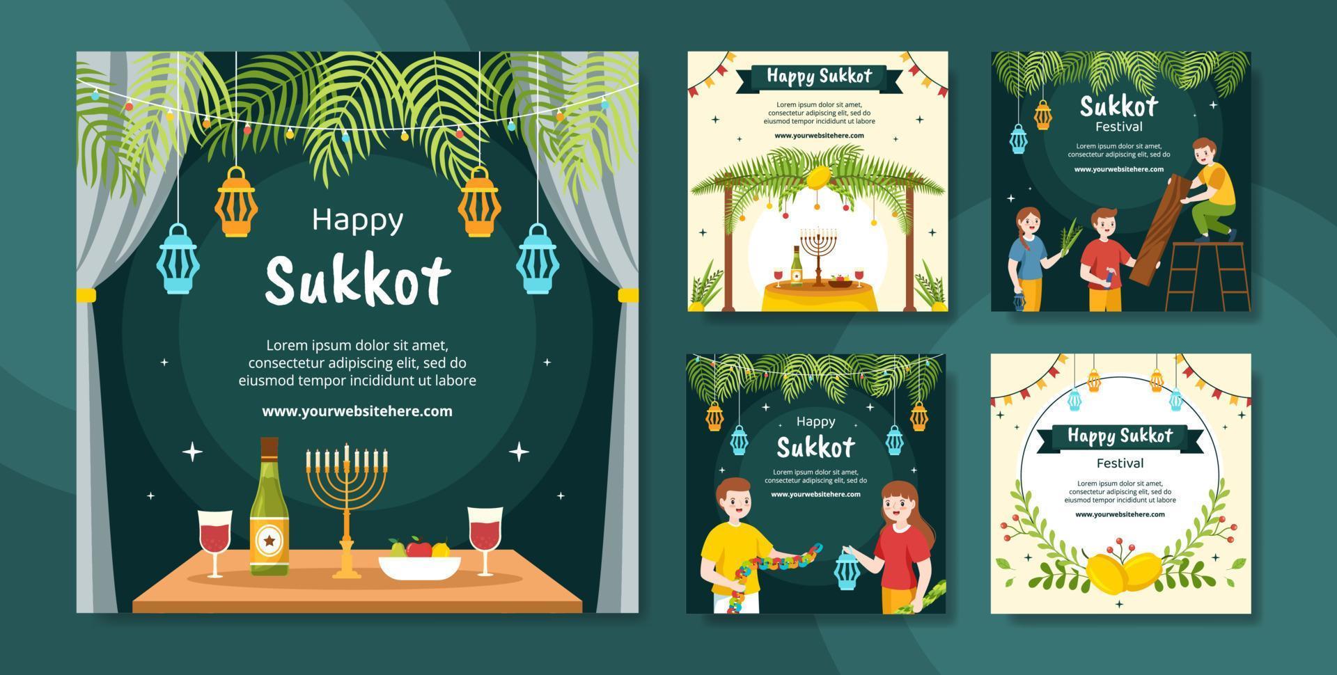 Jewish Holiday Sukkot Social Media Post Template Hand Drawn Cartoon Flat Illustration vector
