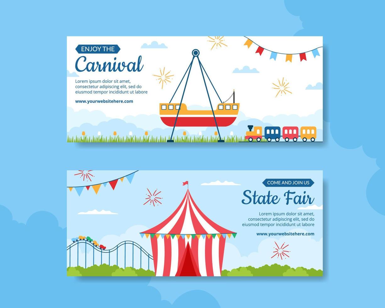 parque de atracciones carnaval plantilla de banner horizontal dibujado a mano ilustración plana de dibujos animados vector