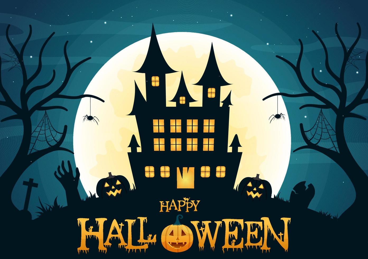 Happy Halloween Template Background Hand Drawn Cartoon Flat Illustration with Pumpkins, Bats and Dark Castle on Full Moon For Add Your Design Style vector