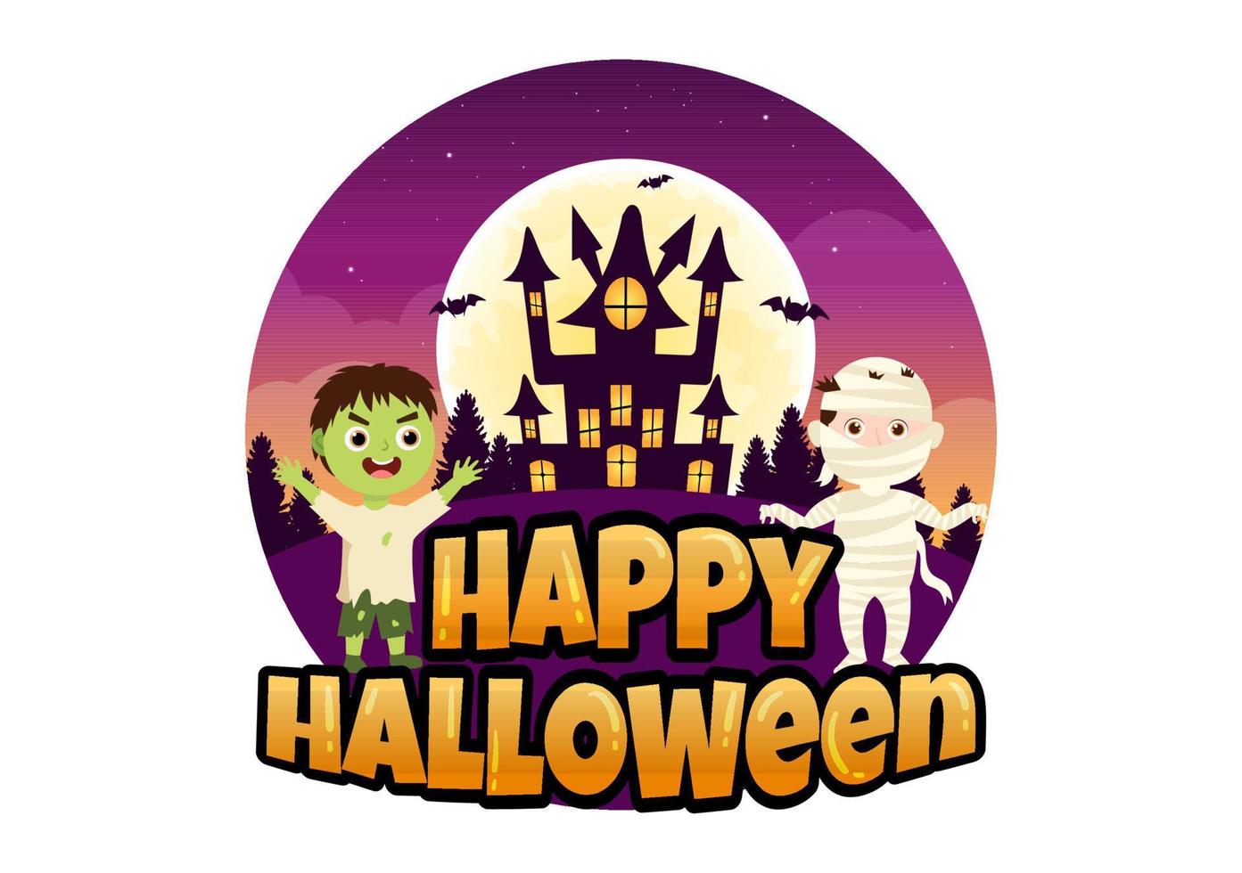 Happy Halloween Template Background Hand Drawn Cartoon Flat Illustration with Children Wearing Various Costumes, Haunted House, Pumpkins, Bats and Full Moon vector