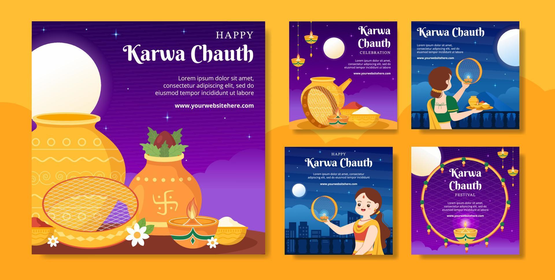festival de karwa chauth plantilla de publicación de redes sociales indias ilustración plana de dibujos animados dibujados a mano vector