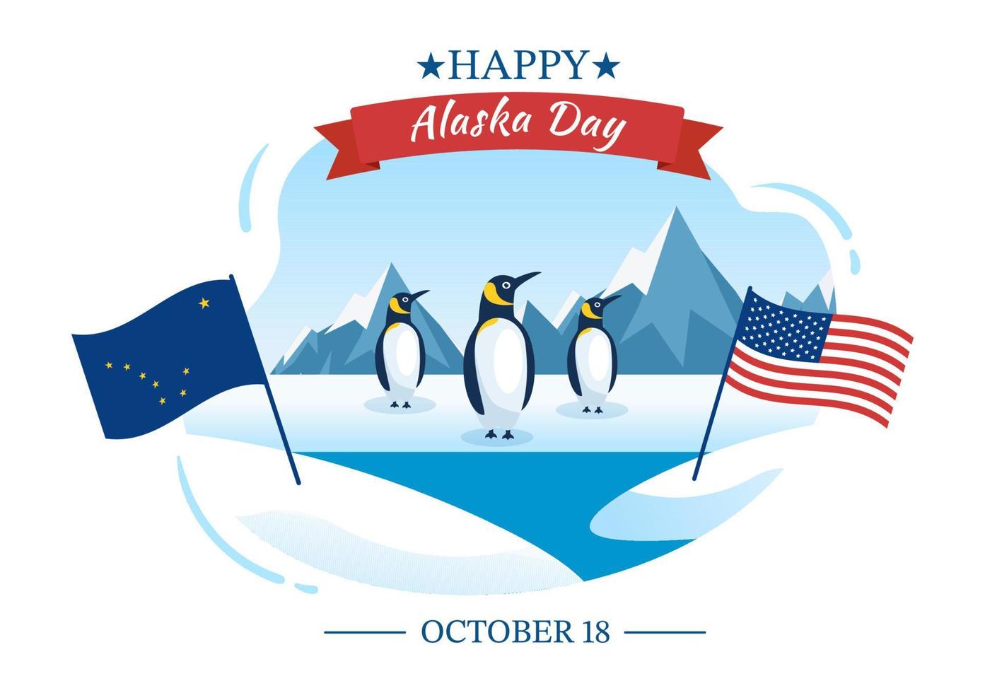 feliz día de alaska el 18 de octubre ilustración plana de dibujos animados dibujados a mano con bandera ondeando en el paisaje invernal en plantilla para pancarta o póster vector