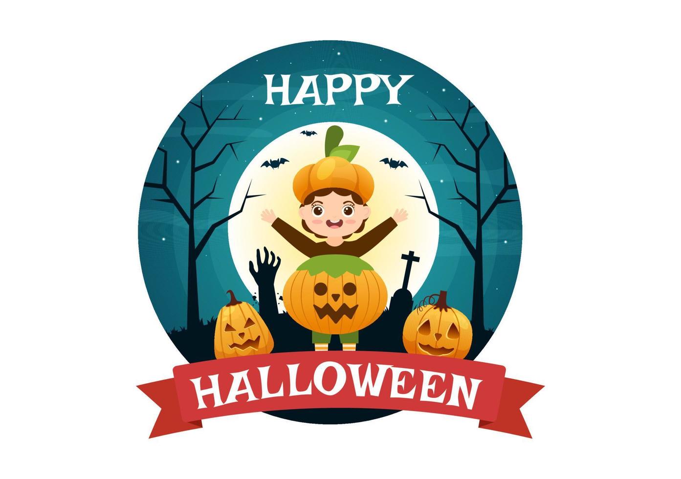 Happy Halloween Template Background Hand Drawn Cartoon Flat Illustration with Children Wearing Various Costumes, Haunted House, Pumpkins, Bats and Full Moon vector