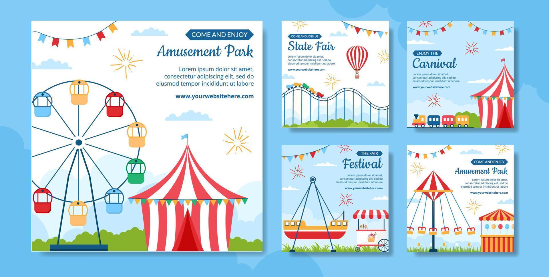 Amusement Park Carnival Social Media Post Template Hand Drawn Cartoon Flat Illustration vector