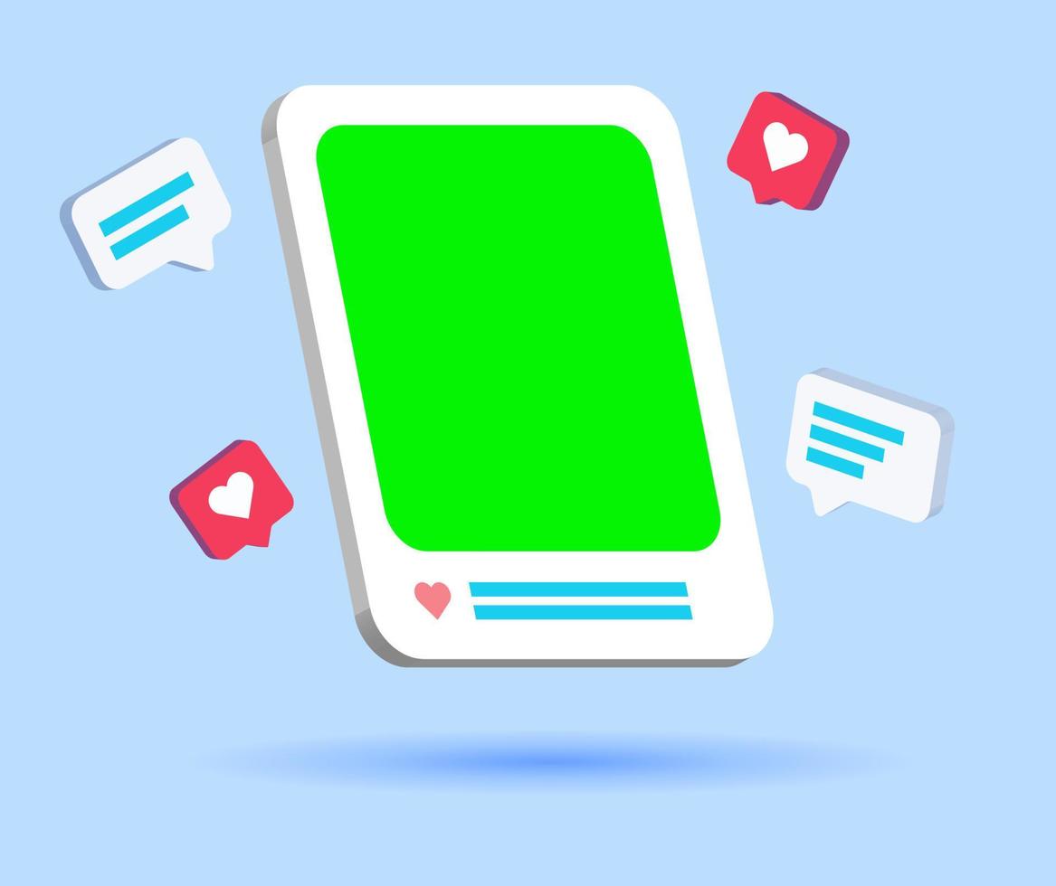 social media posts liked and commented with green screen templates 3d illustration vector