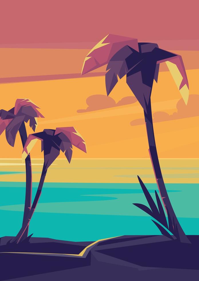 palmeras y océano al atardecer. paisaje de verano en formato vertical. vector