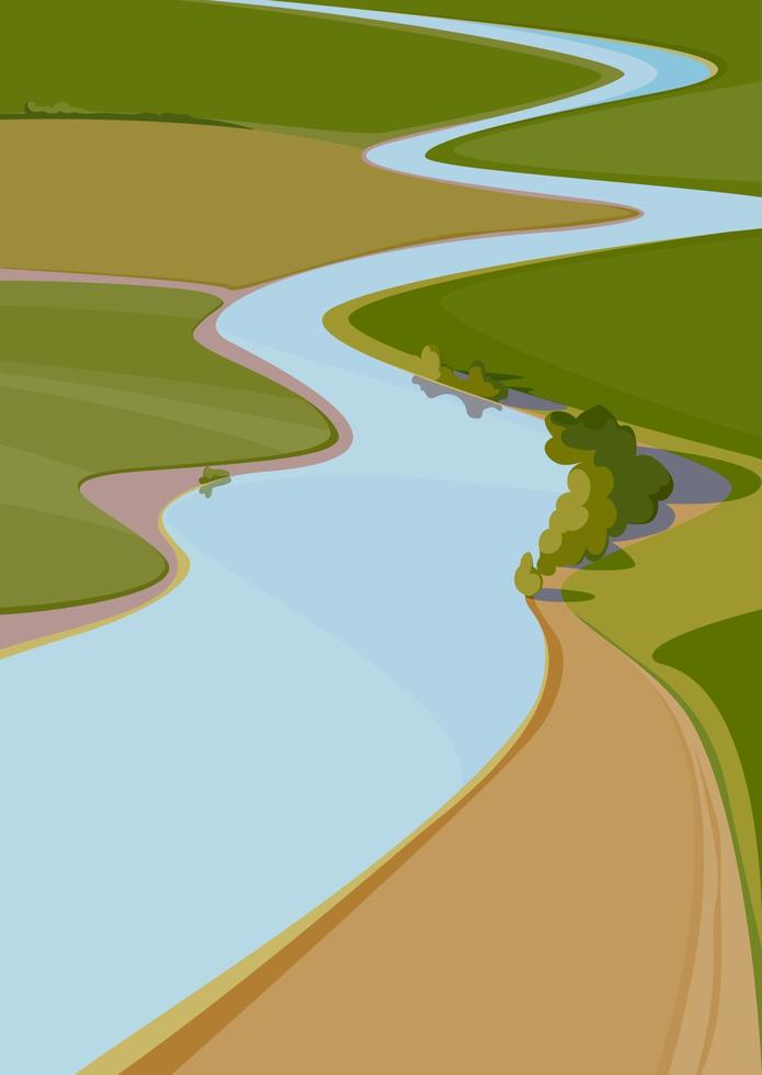 Landscape with wide river. Natural scenery in vertical format. vector