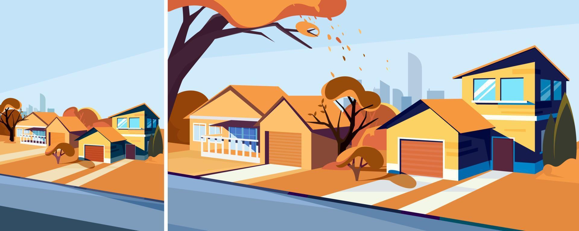 Suburban street in autumn season. Outdoor scene in different formats. vector