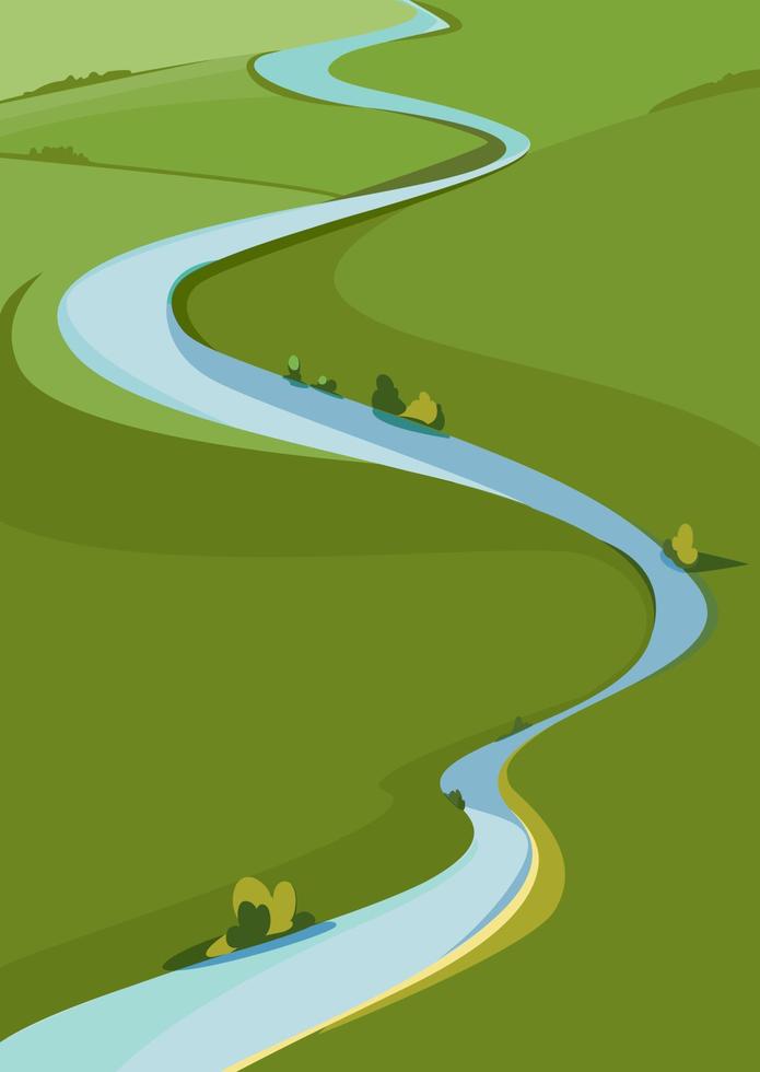 Landscape with river and green meadows. Natural scenery in vertical format. vector