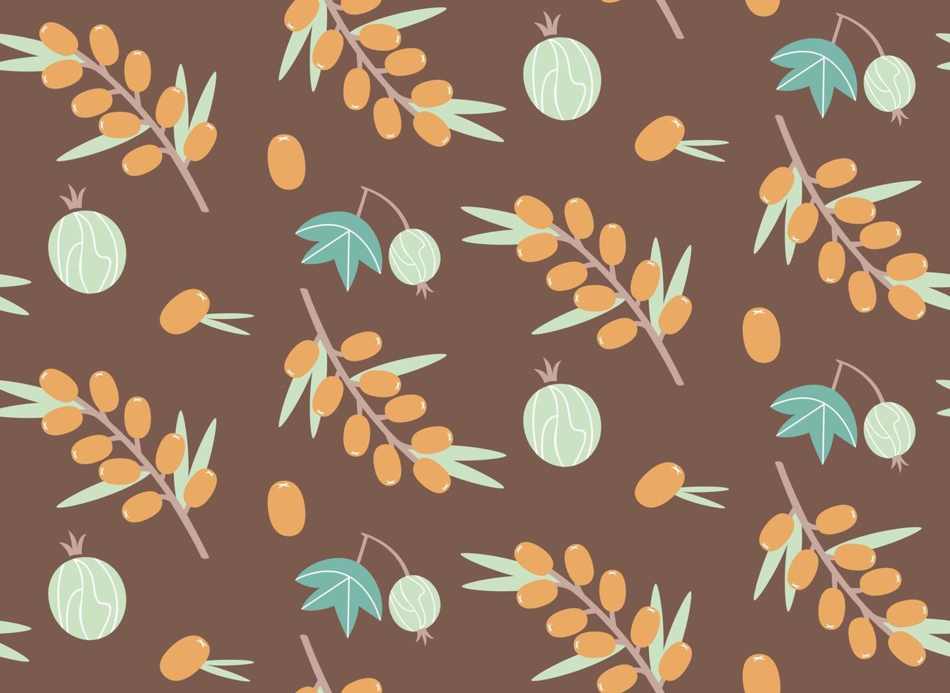 Seamless pattern with gooseberry and sea buckthorn. Texture with berries in flat style. vector