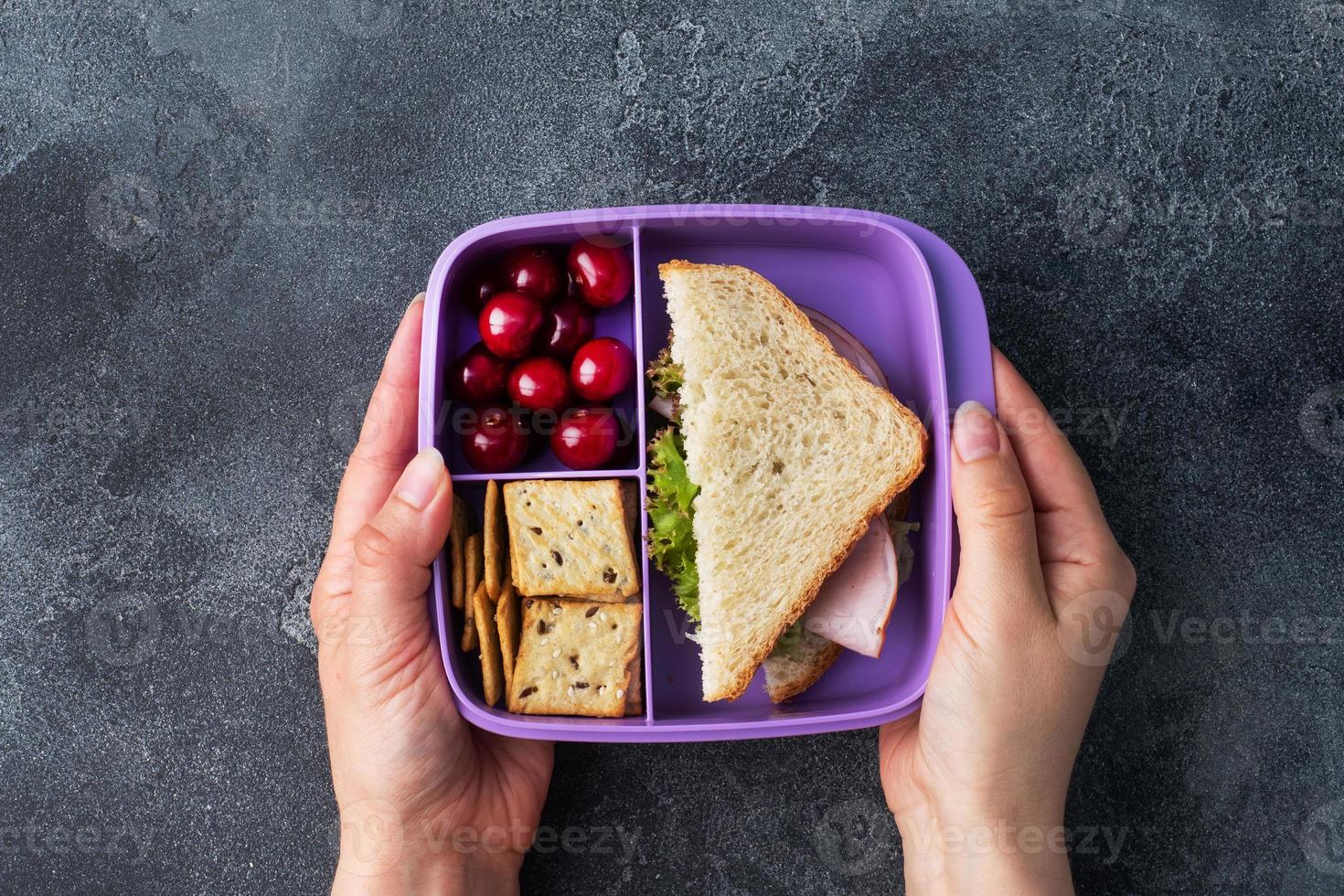 Delicious healthy sandwich in a lunch box, cookies and cherries. Take lunch with you to school or the office. photo