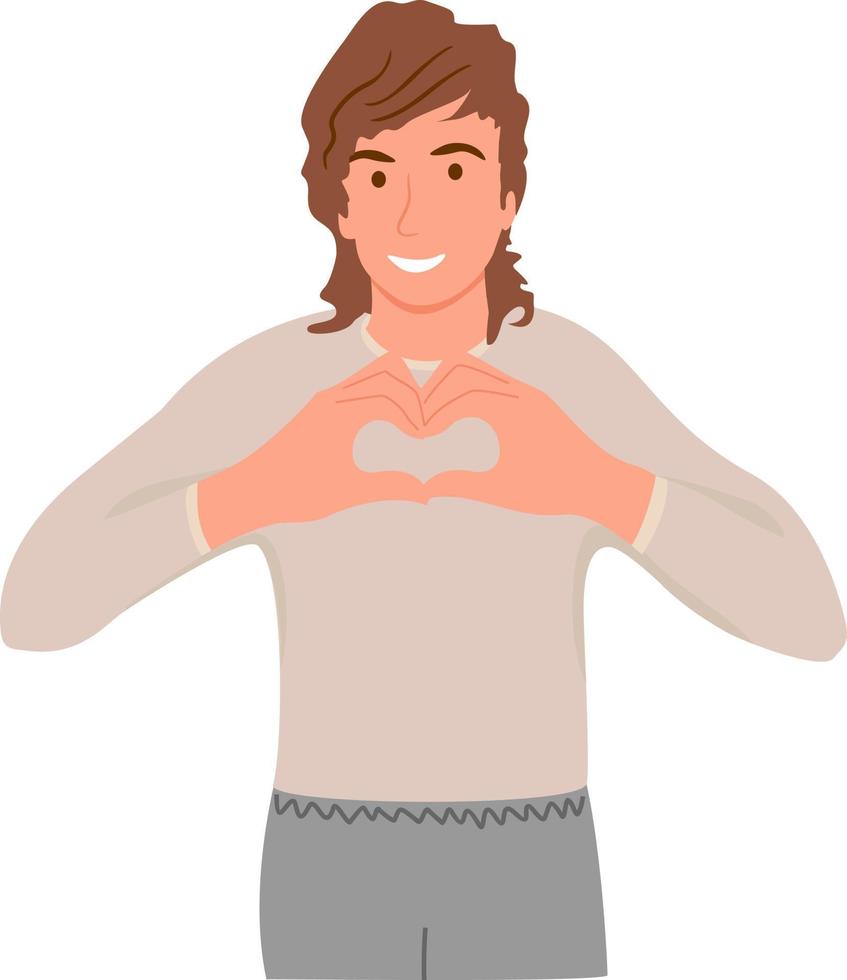 A man shows with his hands a gesture of heart, love. Young guy sincerely smiling, making a heart gesture near his chest. The guy shows love vector