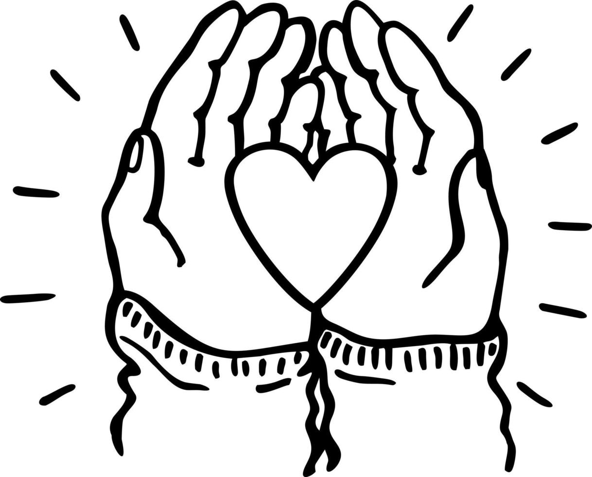 las manos sostienen el corazón corazón. día de san valentín, símbolo de vacaciones románticas. trabajo de caridad, filantropía, elemento de diseño de ayuda social. boceto de amor y compasión vector