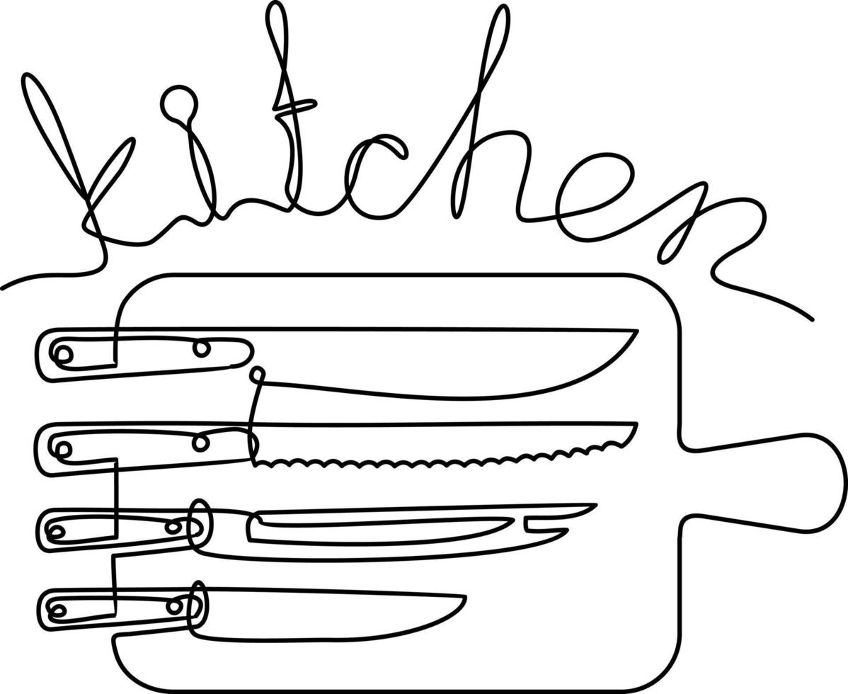 Kitchen lettering in one line. Continuous line art or One Line Drawing of Set of knives and cutting board. Linear style and Hand drawn Vector illustrations