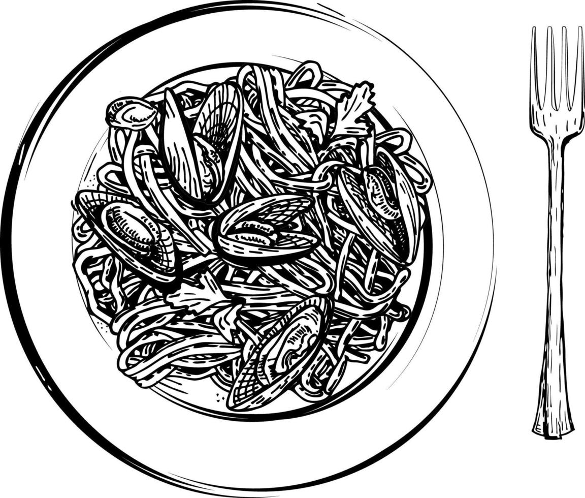 espaguetis con mejillones en un plato. comida sana. platos mediterraneos, platos de mariscos. dibujo vectorial vector