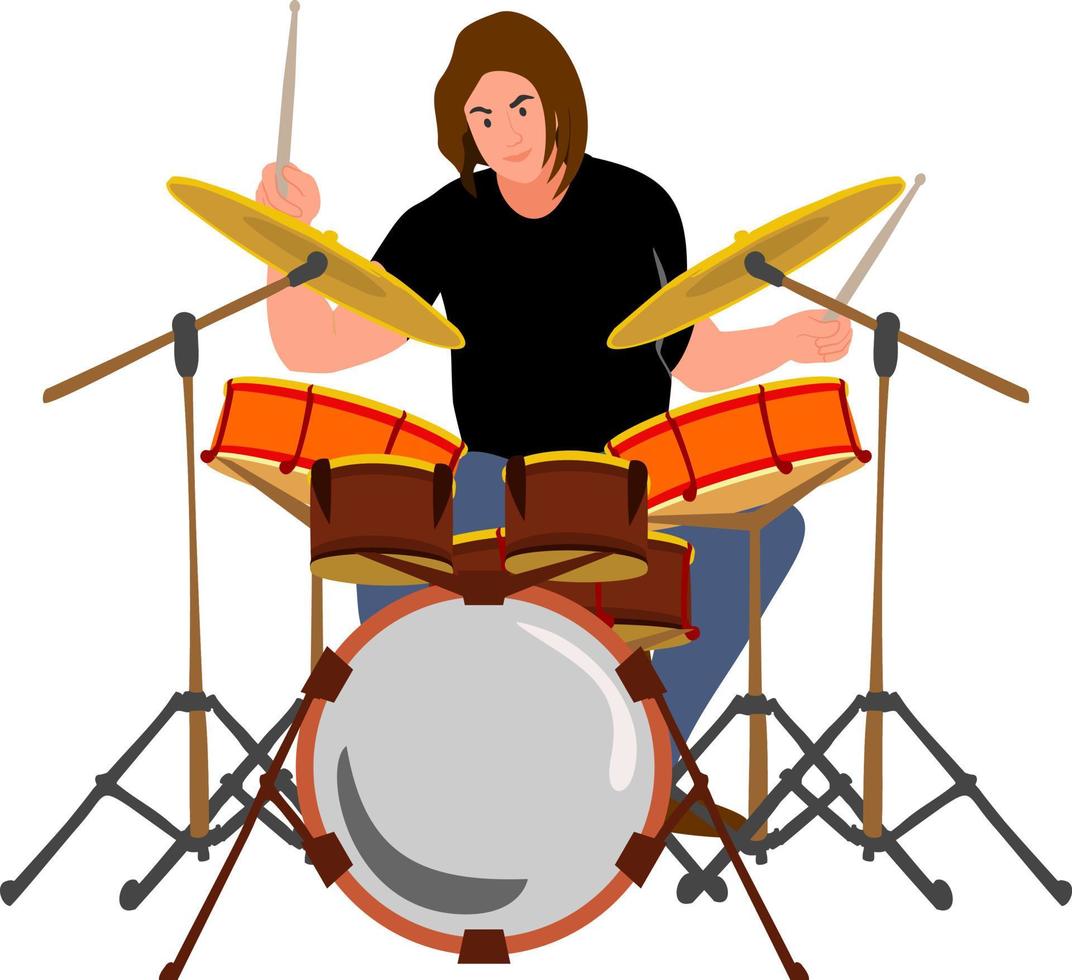 batería. la música rock. chico baterista en el tambor. hombre jugando con palos en tambores y platillos diseño de estilo plano. músico talentoso. ilustración vectorial de dibujos animados. concepto de arte musical vector