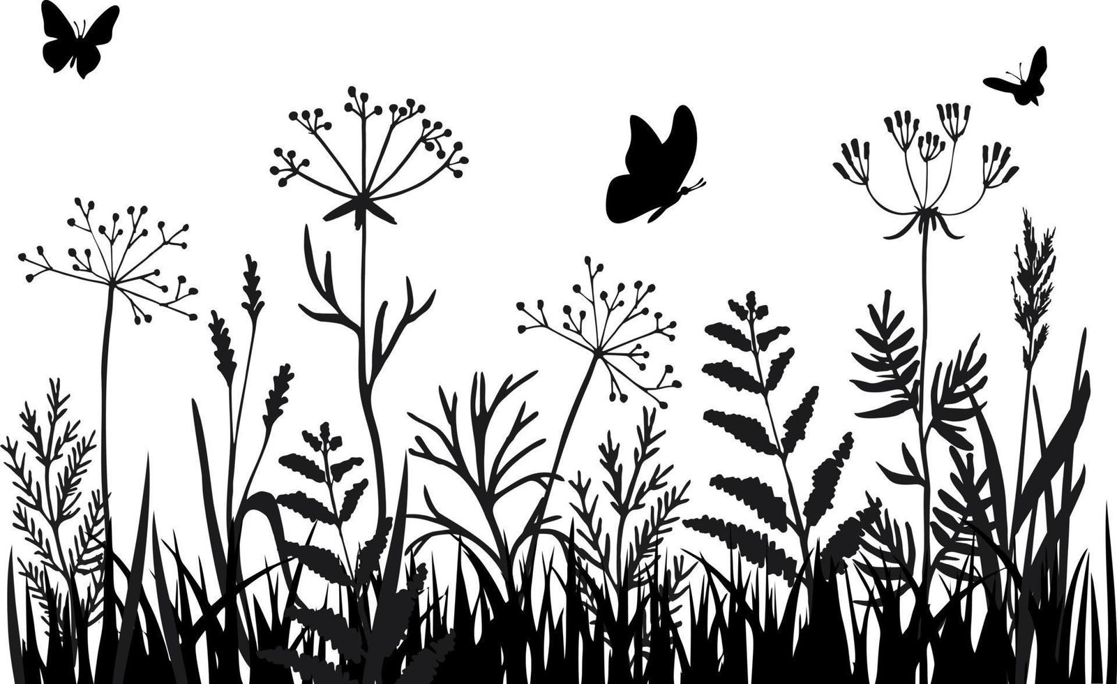 Grass borders. Black silhouette of grass, spikes and herbs. Abstract meadow line with grass and flowers. Hand drawn sketch style vector illustration.