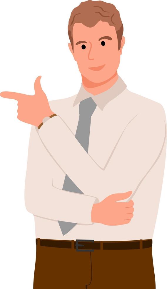 hombre apuntando hacia afuera y mostrando o presentando algo. el hombre muestra la dirección con el dedo. ilustración vectorial de carácter plano vector