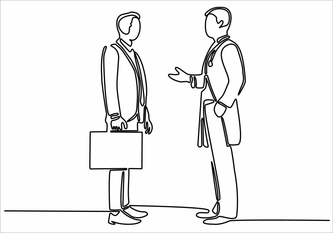 straight line drawing two business men shaking hands vector