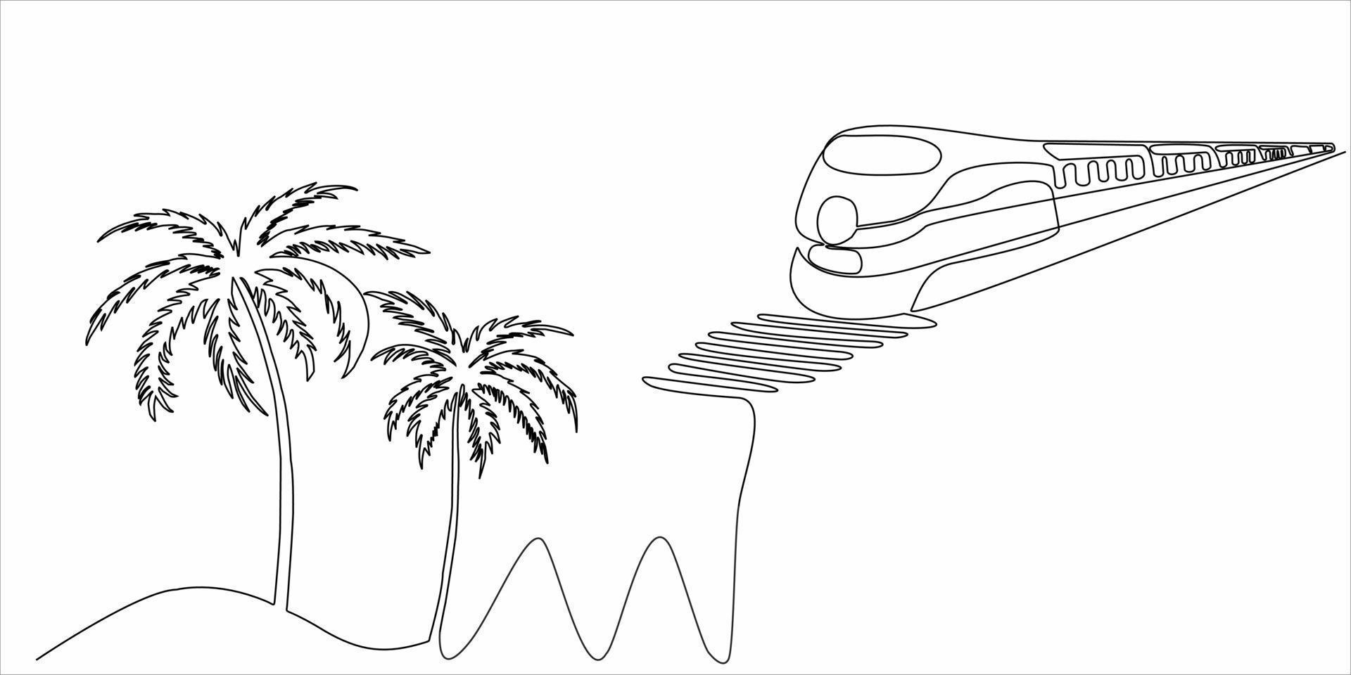 continuous line drawing of palm trees and train vector